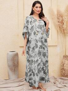 Al Najma Deep V-Neck Fringe Hem Allover Printed Dress