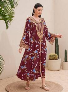 Al Najma 女士優雅花卉印花刺繡設計連衣裙 - 彩色 - 查看 5