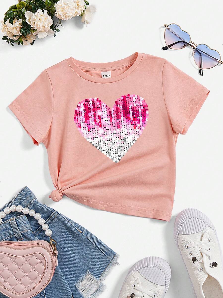 Young Girl Casual Heart Pattern Short Sleeve T-Shirt, Suitable For Summer - Coral Pink - View 1