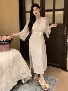 DAZY Lace & Rhinestone & Mesh Contrast Satin Nightgown Pajama - White - View 6