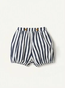 Bộ đồ hai mảnh cho bé trai, áo phông cổ Peter Pan viền tương phản và quần short sọc thường ngày, xanh và trắng - Màu xanh lam - Xem 7