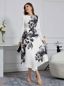 Modelyn Women's Floral Print Round Neck Long Sleeve Dress