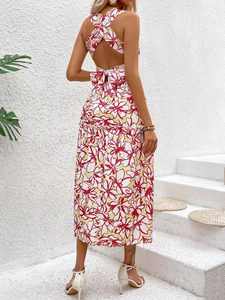 Floral Print Square Neck Sleeveless Dress