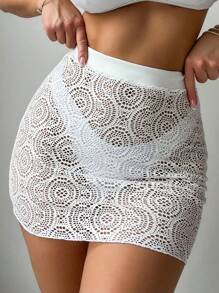 SHEIN Swim Váy thêu rỗng - trắng - Xem 2