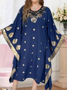 SHEIN LUNE 大尺寸圖案印花蝙蝠袖連身裙 - 藍色 - 查看 5