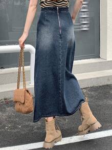 Dazy Designer Chân váy jeans ống rộng xẻ cao, xẻ tà, có túi xéo - Rửa tối - Xem 5