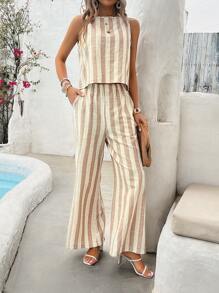 Chiquease Ladies' Striped Round Neck Vest And Pants Set - Khaki - View 5