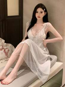 DAZY Women Romantic Mesh Lace Splicing Ruffle Trim Backless Nightgown Pajama - White - View 7