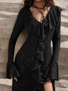 Bohemela 女款拼接荷葉邊＆泡泡袖洋裝 - 黑色 - 查看 5