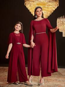 SHEIN Tween Girl 1 szt. Śliczny kombinezon z okrągłym dekoltem i kryształkami, z peleryną i rękawami - Burgund - Zobacz 8