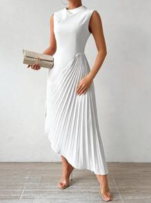 Rafferiza 纯色不对称下摆褶皱拼接连衣裙长款女装 - 白色 - 查看 4