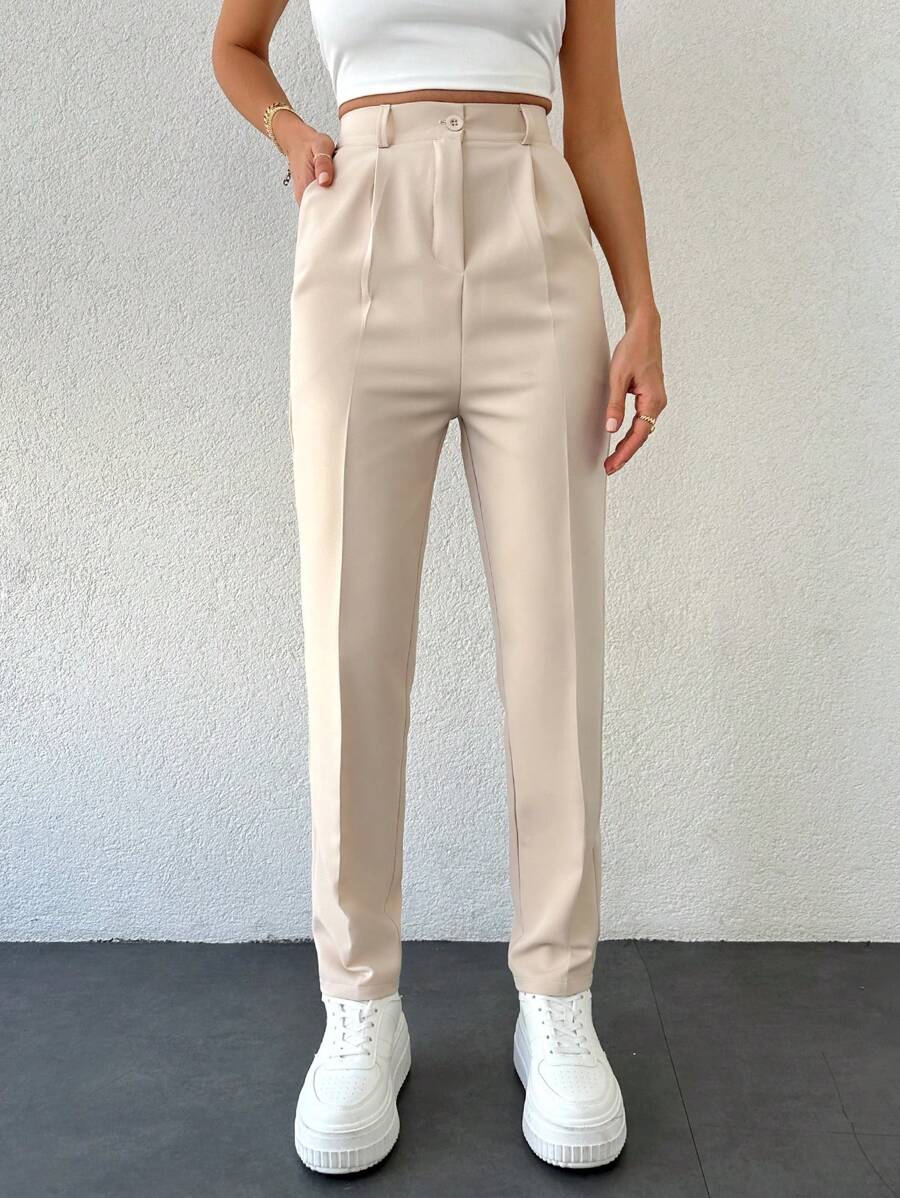 EURMUSE 97%棉纯色褶裥斜插口袋锥形西装裤 - 米色 - 查看 1