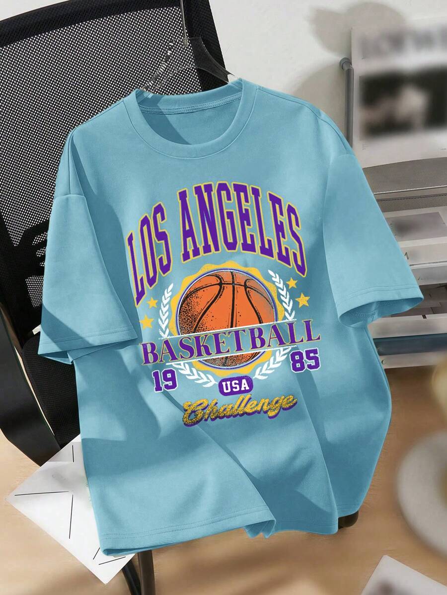 Cậu bé Tween Giải trí Bóng rổ & Lá thư In Ngắn tay Vòng cổ Áo thun Cho mùa hè - Màu xanh nhạt - Xem 1