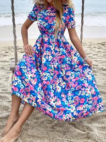 Breezaya 女士花卉印花圆领短款泡泡袖连衣裙超长度假海滩装