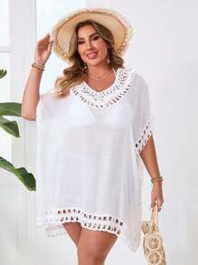 SHEIN VCAY Plus Size V-Neck Casual Hollow Knitted Top - White - View 1