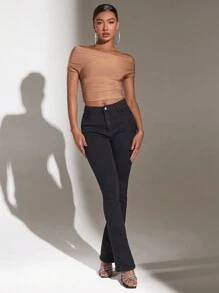 SHEIN BAE Áo croptop nữ màu trơn trễ vai xếp ly - Màu Khaki - Xem 4