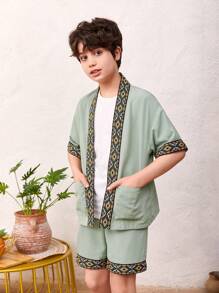 SHEIN 青少年男孩鬆身可愛幾何刺繡拼接提花緞帶針織針織開衫和短褲套裝 - 綠色 - 查看 4