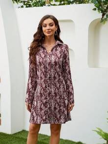 春夏蛇紋長袖襯衫連衣裙 - 酒紅色 - 查看 4