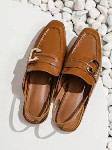 2025 Autumn Fashionable Flat Shoes For Women With Square Toe, Colorblock Design And Front Covered, Back Hollowed Out - Brown - View 7