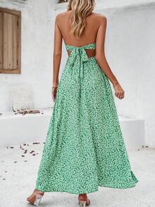 2024 Spring/Summer Casual Vacation Style Floral Printed Split Hem Spaghetti Strap Dress - Green - View 2