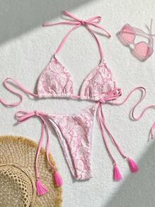 Swim Mod Conjunto de bikini de encaje soluble en agua para mujer con cuello halter, traje de baño de bikini con cuerda para traje de baño, outfit de playa para vacaciones de verano - Multicolor - Ver 1