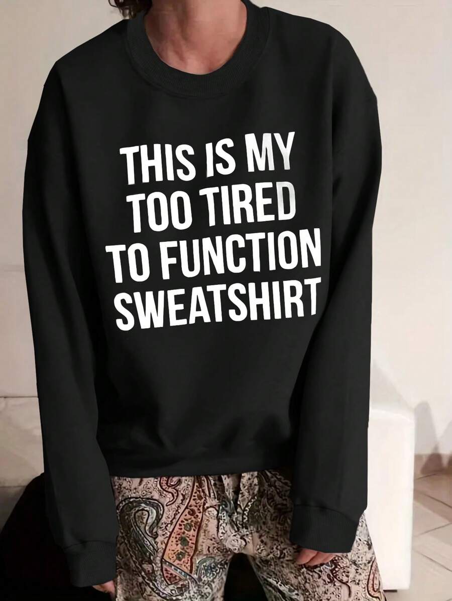 SHEIN LUNE Plus Size Casual Round Neck Drop Shoulder Sweatshirt With Slogan Print Graduation,Back To School,Teacher Pullover Fall - Black - View 1