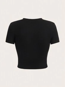 SHEIN EZwear 休闲简约牛头图案圆领短袖短款修身女式T恤，适合夏季 - 黑色 - 查看 2