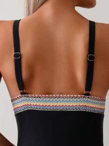 SHEIN Swim Viền tương phản Cổ chữ V Áo tắm một mảnh , Cho mùa hè , bờ biển , Bơi lội - Nhiều màu - Xem 4