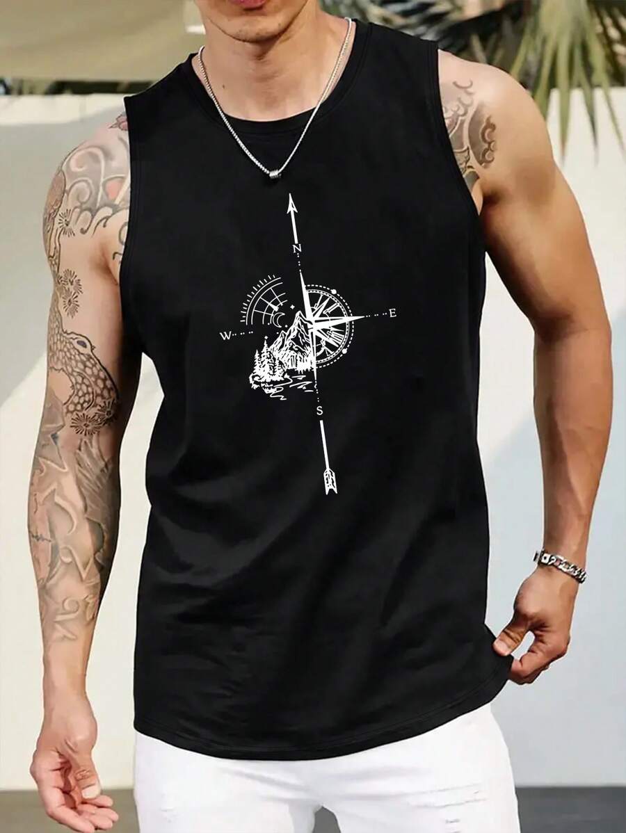Manfinity Dauomo Men's Compass & Mountain Pattern Printed Casual Tank Top - Black - View 1