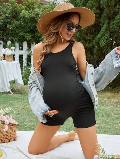 SHEIN Maternity One Piece Solid Color Black Sleeveless Swimsuit, For Swimming Pool,Summer Beach, Maternity Bathing Suit