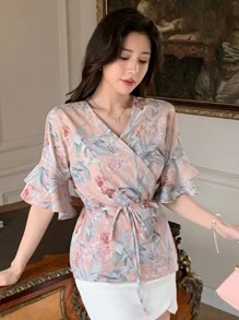 Dazy Designer 女士花卉印花裹身式上衣，荷叶边袖口，系带腰身，度假装扮，女士花卉图案 - 彩色 - 查看 3