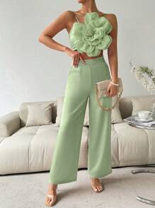 Zolique Flower Embroidery Strap Crop Top And Wide Leg Pants Set - Mint Green - View 6