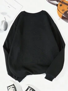 SHEIN LUNE Plus Size Casual Round Neck Drop Shoulder Sweatshirt With Slogan Print Graduation,Back To School,Teacher Pullover Fall - Black - View 2