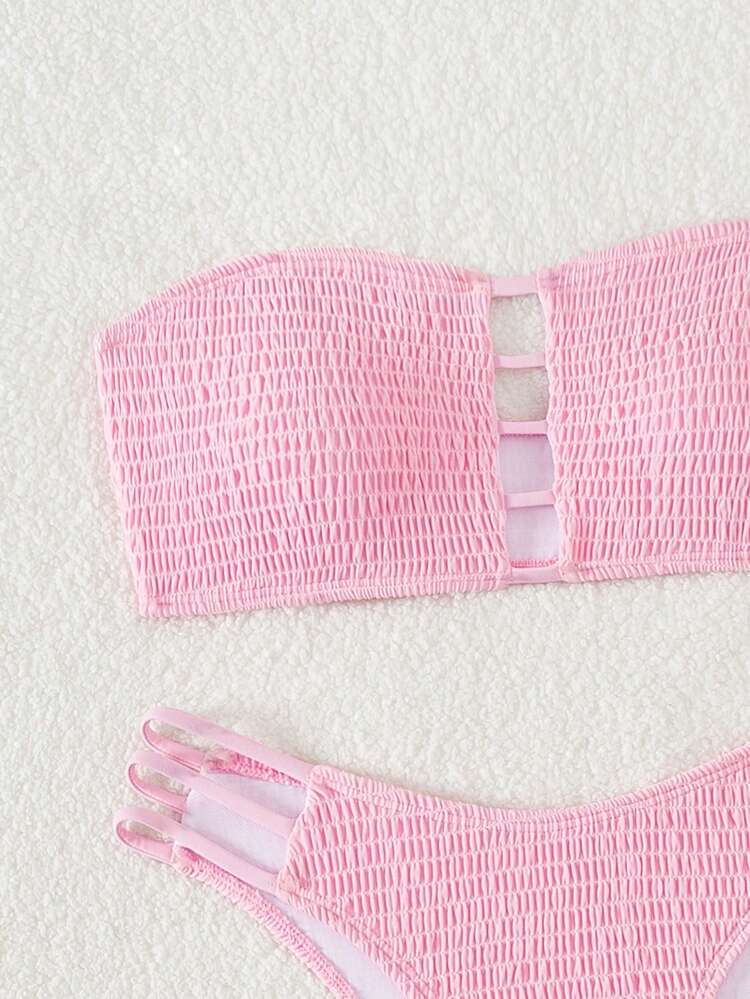Solid Color Textured Hollow Out Bandeau Bikini Set Summer