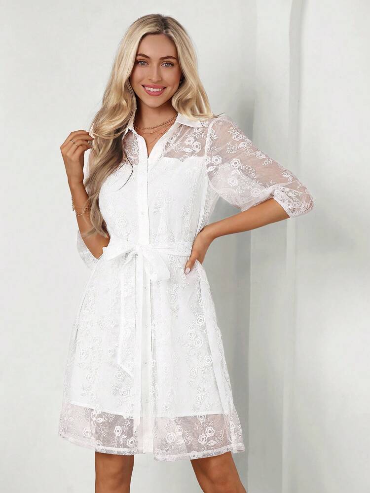 Women's Floral Mesh Sheer Shirt Dress