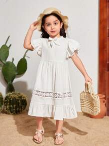 SHEIN 年輕女孩編織純色圓領荷葉袖寬鬆休閒連衣裙