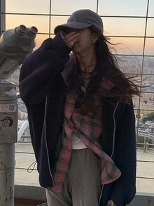 Tartan Oversized Hooded Shirt, Ladies Casual Pocket Long Sleeve Hooded Loose Regular Red Drop Shoulder Shirt Women Blouses, Spring/Fall, Casual Daily Wear,Long Sleeve Tops