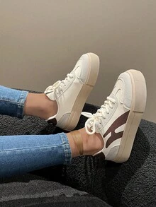 女式簡約平底綁帶運動鞋,春/秋新時尚透氣輕便休閒運動鞋 - 卡其色 - 查看 2