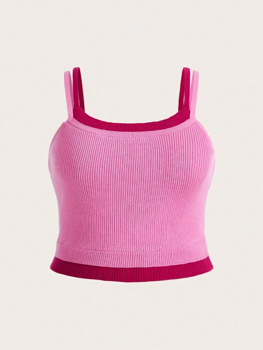 SHEIN Qutie Plus Size Colorblock Spliced 2 In 1 Camisole Knit Top - Pink - View 1