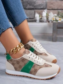 Women's New Beige & Khaki Color Embroidery Floral Print Retro Vintage British Style Agam Sneakers, Lightweight Soft Sole Non-Slip Casual Outdoor Student Running Shoes, Fashionable And Versatile,Trainers Women - Beige - View 4