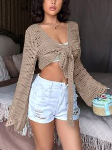 SHEIN Unity Ngắn Áo len Mở Với Xu hướng: Cắt giảm Chi tiết Và Chuông - Lạc đà - Xem 6