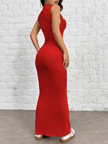 SHEIN EZwear 女性帶立領紅色針織美人魚裙 - 紅色 - 查看 2