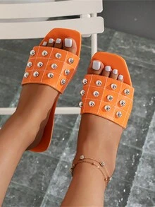 Orange Rivet Design Wide Fit Flat Sandals For Women, Summer Shoes - Orange - View 3