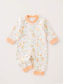 Baby Girl Cute Flower & Rabbit Printed Long Sleeve Jumpsuit Pajama - Multicolor - View 1