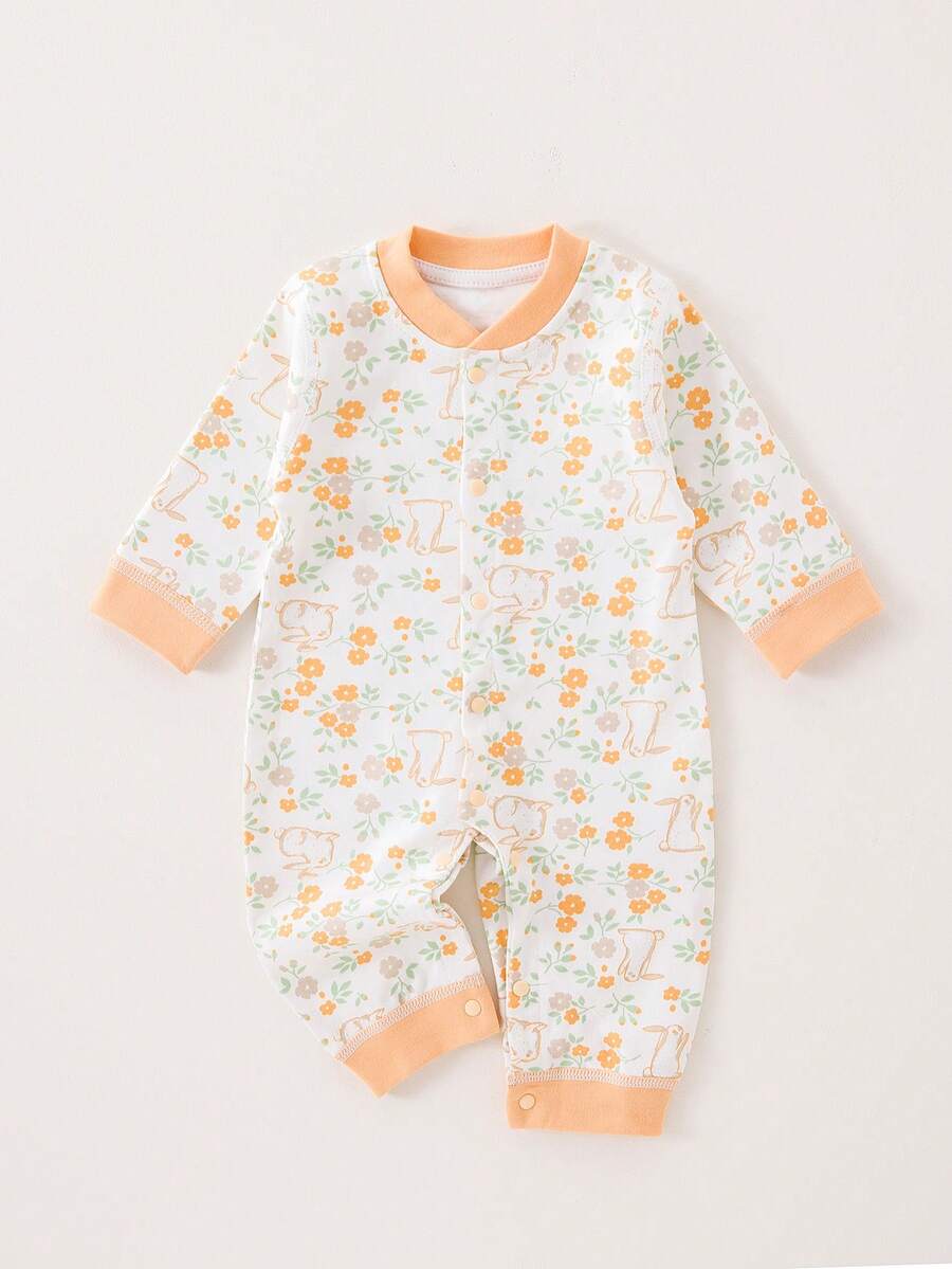 Baby Girl Cute Flower & Rabbit Printed Long Sleeve Jumpsuit Pajama - Multicolor - View 1