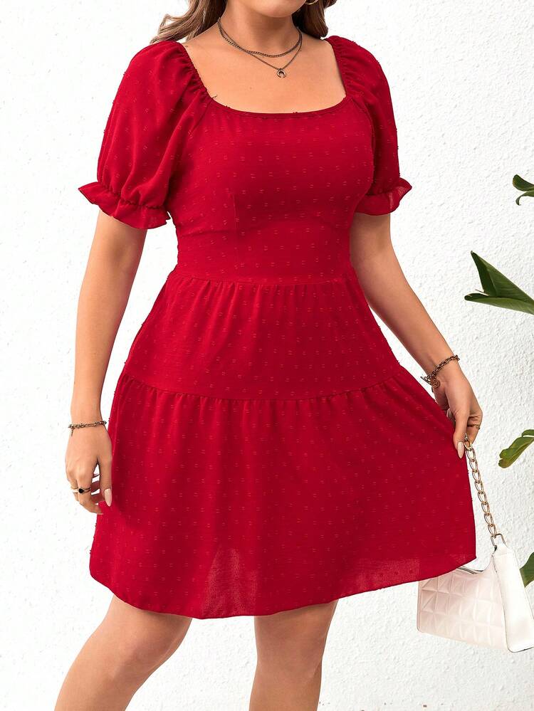 Plus Size Square Neck Raglan Sleeve Swiss Dot Dress