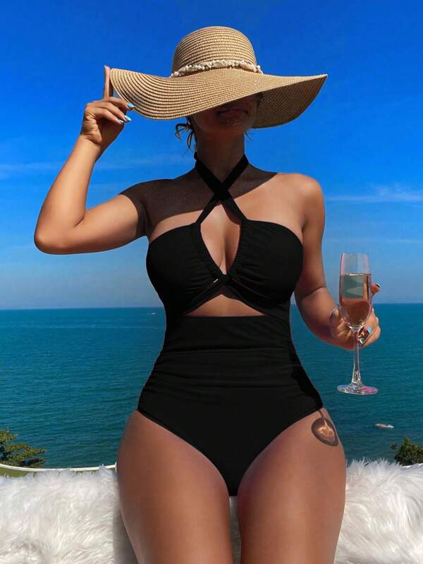 Swim Vcay Summer Beach Solid Color Halter Neck Knotted Cutout One-Piece Swimsuit