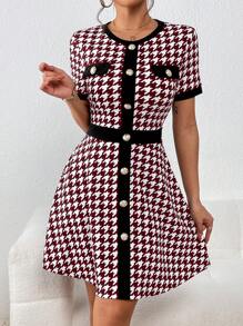 SHEIN Privé 千鳥格印花彩色阻隔褶邊卷邊鈕扣詳細內容連衣裙 - 紅白色 - 查看 1