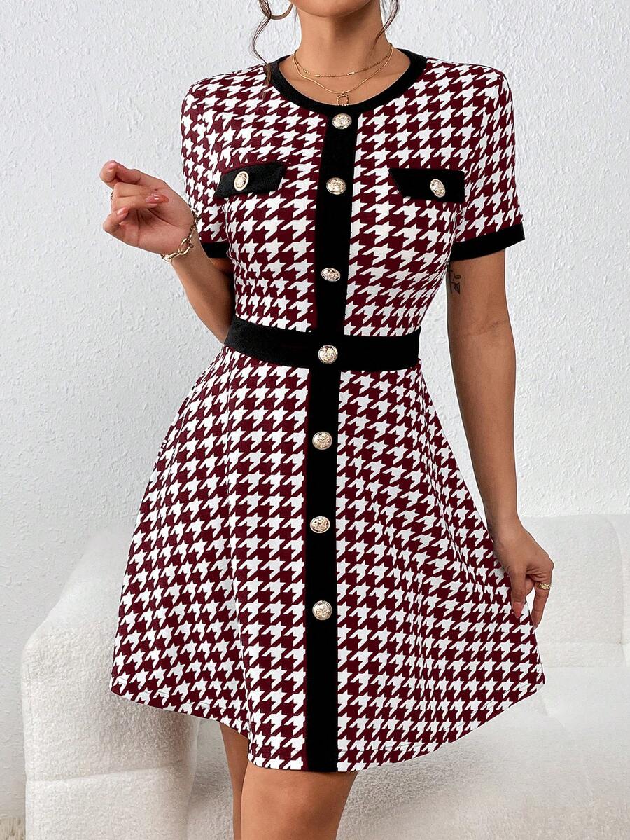 SHEIN Privé 千鳥格印花彩色阻隔褶邊卷邊鈕扣詳細內容連衣裙 - 紅白色 - 查看 1