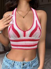 SHEIN Unity 女條紋掛脖針織短上衣 - 紅白色 - 查看 3